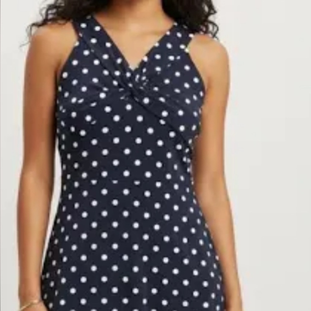 Loft Navy Stretch dress with Polka dots,  criss cross bodice, size 8